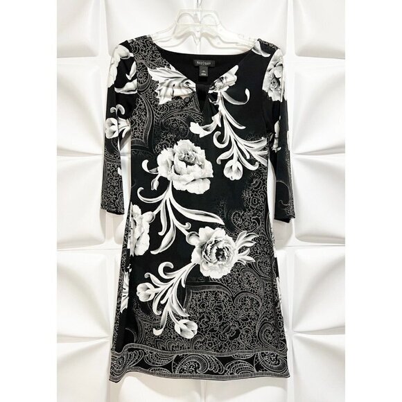 White House Black Market Sz XS Black Floral Print Keyhole Bow Slinky Shift Dress - Picture 7 of 9